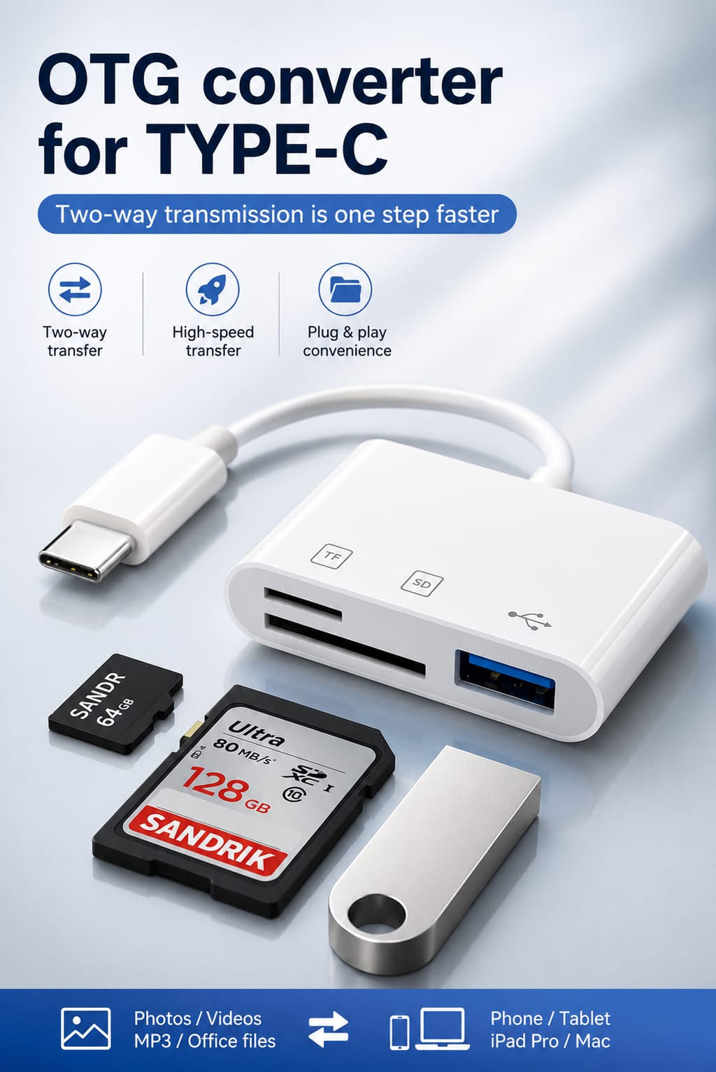 3-i-1 USB-C Adapter – Les SD/TF-kort + USB