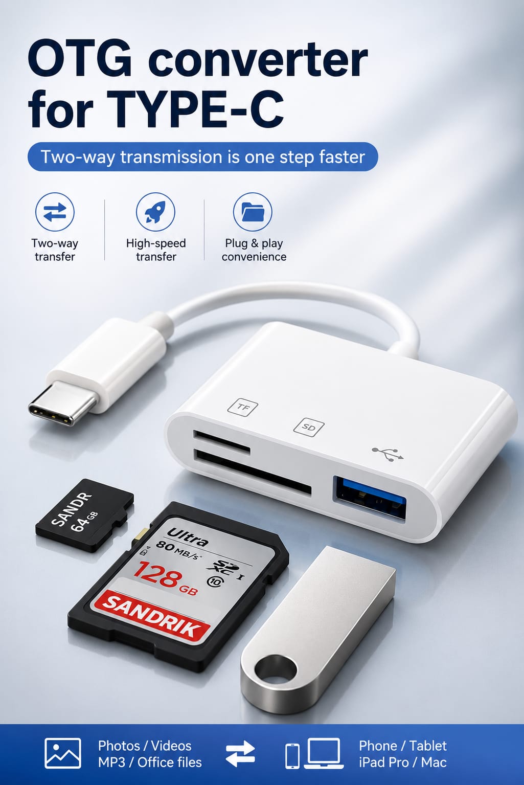 3-i-1 USB-C Adapter – Les SD/TF-kort + USB